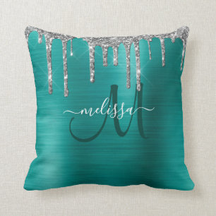 Chic Teal Brushed Metallic Silver Glitter Drips Cushion