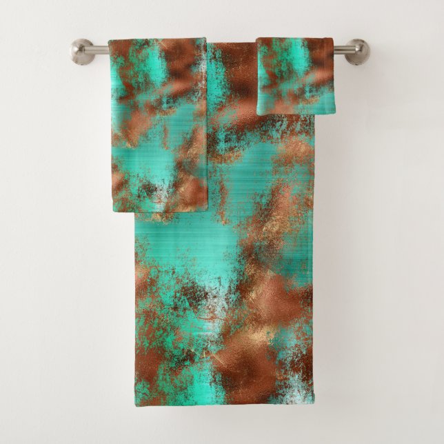 Chic Teal Copper Boho Bath Towel Set (Insitu)