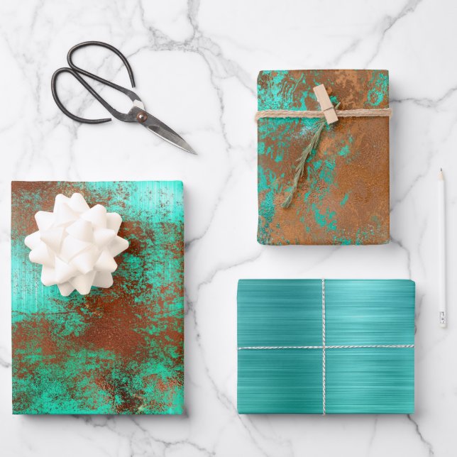Chic Teal Copper Boho Wrapping Paper Sheet (Front)