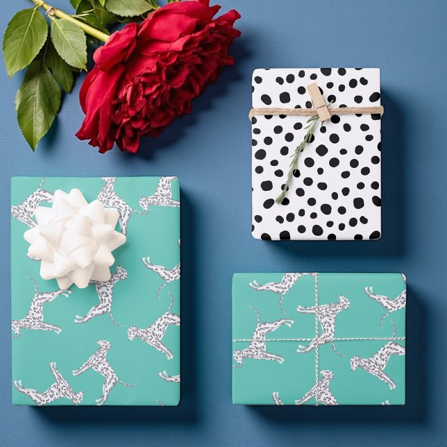 Chic teal Dalmatian spots Wrapping Paper Sheet (Playful Dalmatian dog print gift wrap in bold black and white  and aqua on a fresh backdrop.)
