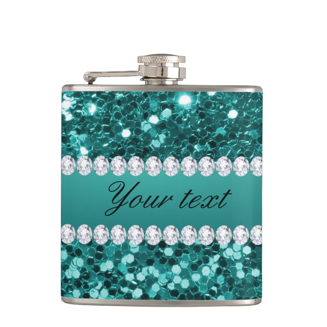 Chic Teal Faux Glitter and Diamonds Hip Flask (Front)