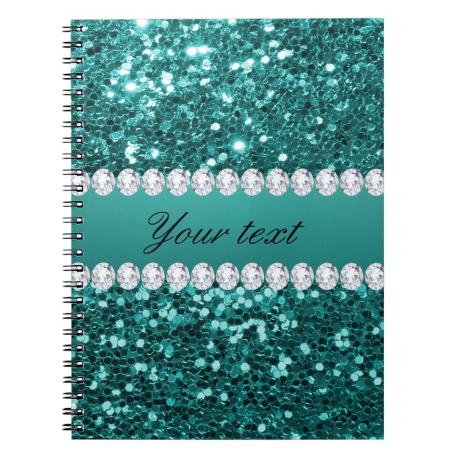 Chic Teal Faux Glitter and Diamonds Notebook (Front)
