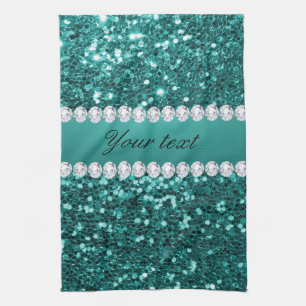 Chic Teal Faux Glitter and Diamonds Tea Towel