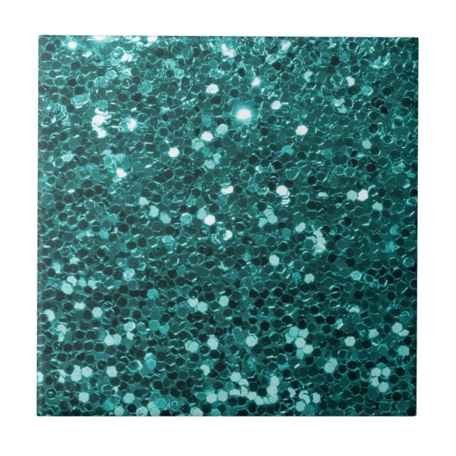 Chic Teal Faux Glitter Ceramic Tile (Front)