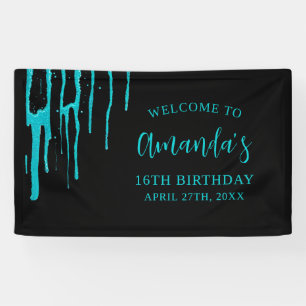 Chic Teal Glitter Drips Sweet 16 Birthday Banner