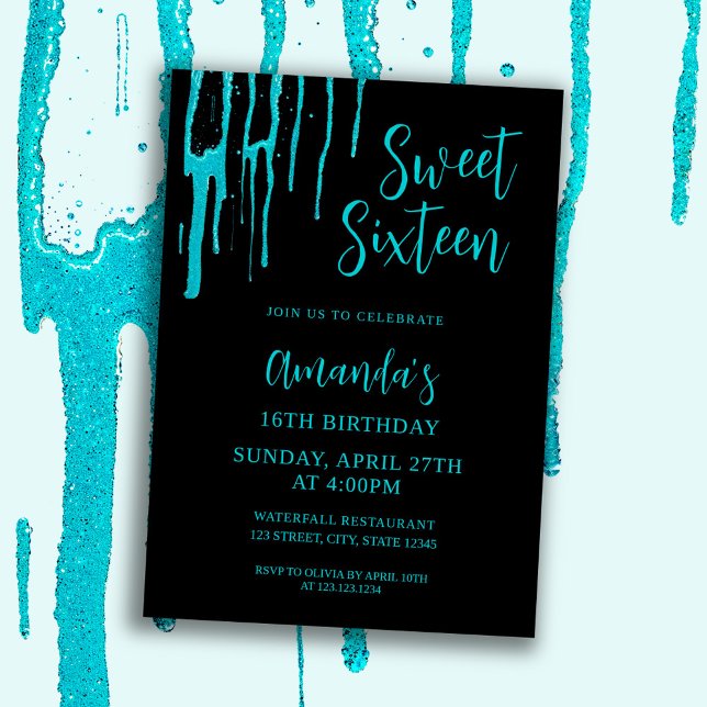 Chic Teal Glitter Drips Sweet 16 Birthday Invitation (Creator Uploaded)