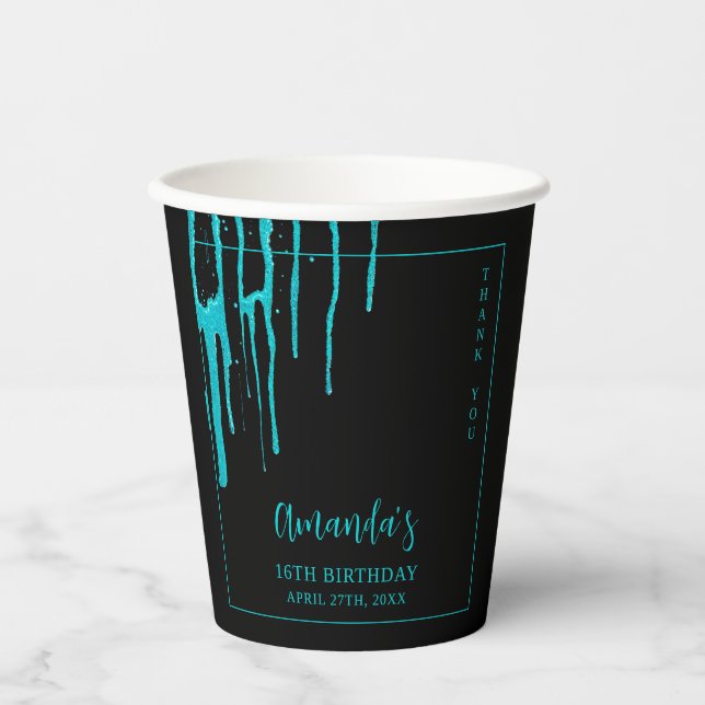 Chic Teal Glitter Drips Sweet 16 Birthday Paper Cups (Front)
