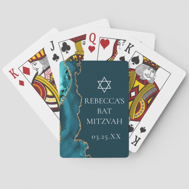 Chic Teal Gold Agate Bar Mitzvah Party Playing Cards (Back)