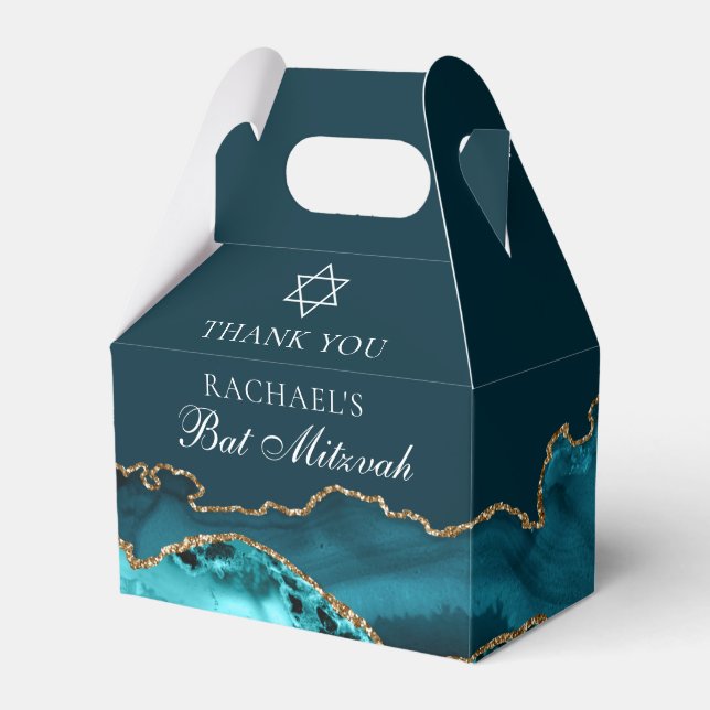 Chic Teal Gold Agate Bat Mitzvah Party Favour Box (Front Side)