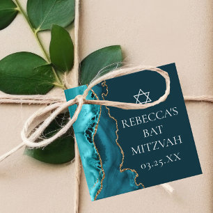 Chic Teal Gold Agate Bat Mitzvah Party Favour Tags