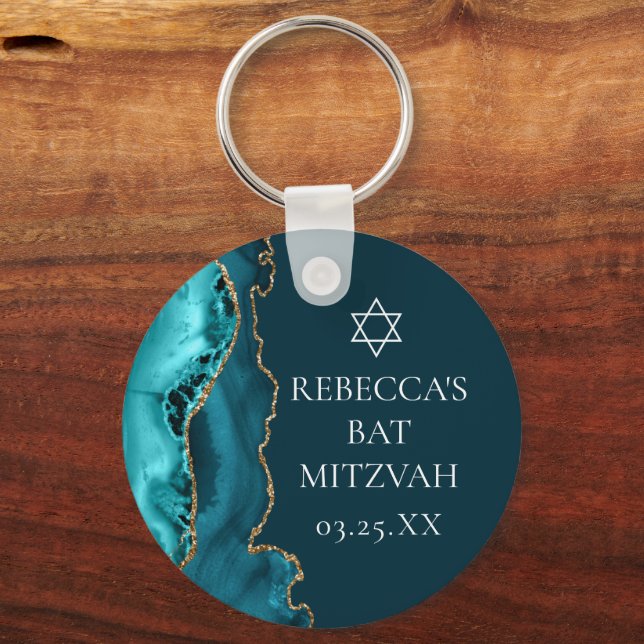 Chic Teal Gold Agate Bat Mitzvah Party Key Ring (Front)