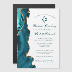 Chic Teal Gold Agate Bat Mitzvah Party Magnetic Invitation