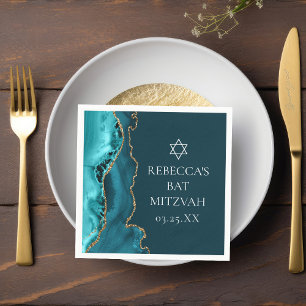 Chic Teal Gold Agate Bat Mitzvah Party Napkin