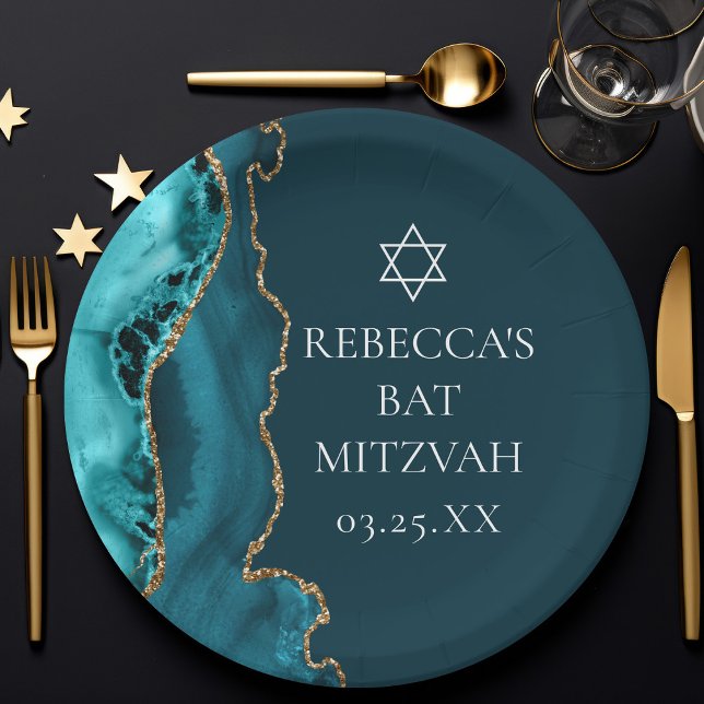 Chic Teal Gold Agate Bat Mitzvah Party Paper Plate (Creator Uploaded)