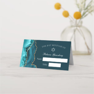 Chic Teal Gold Agate Bat Mitzvah Party Place Card