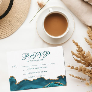Chic Teal Gold Agate Bat Mitzvah Party RSVP Card