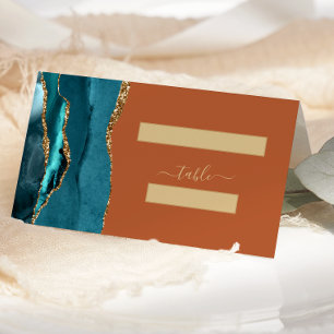 Chic Teal Gold Agate Burnt Orange Wedding Place Card
