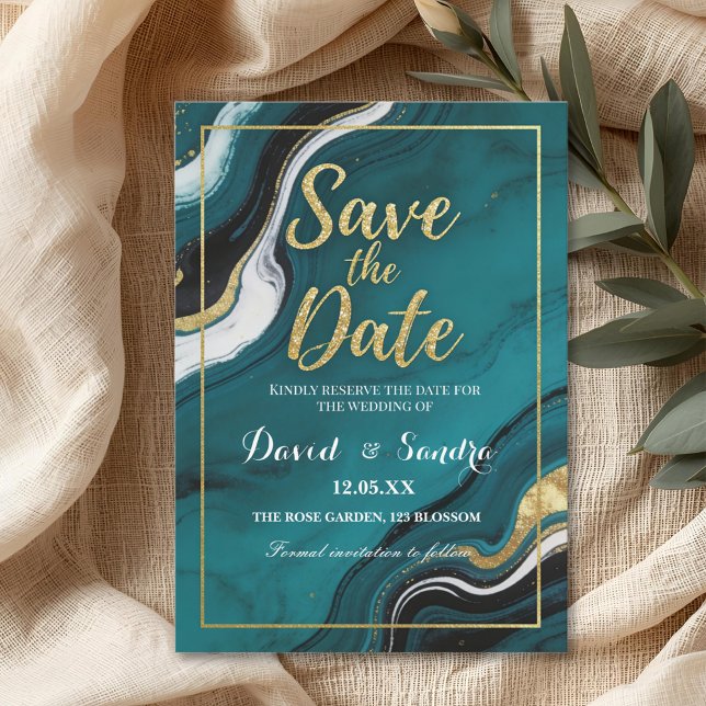 Chic Teal Gold Agate Marble Modern Wedding  Save The Date (Creator Uploaded)