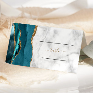 Chic Teal Gold Agate Marble Wedding Place Card