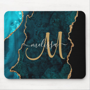 Chic Teal Gold Agate Script Custom Monogram Mouse Pad