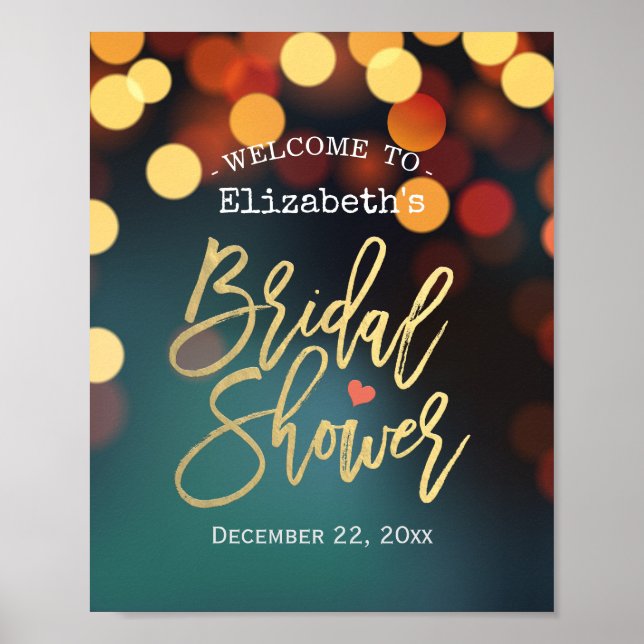 Chic Teal Gold Bokeh Lights Bridal Shower Welcome Poster (Front)