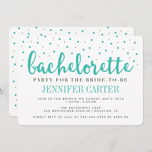 Chic Teal Gold Dots Bachelorette Party Invitation (Front/Back)