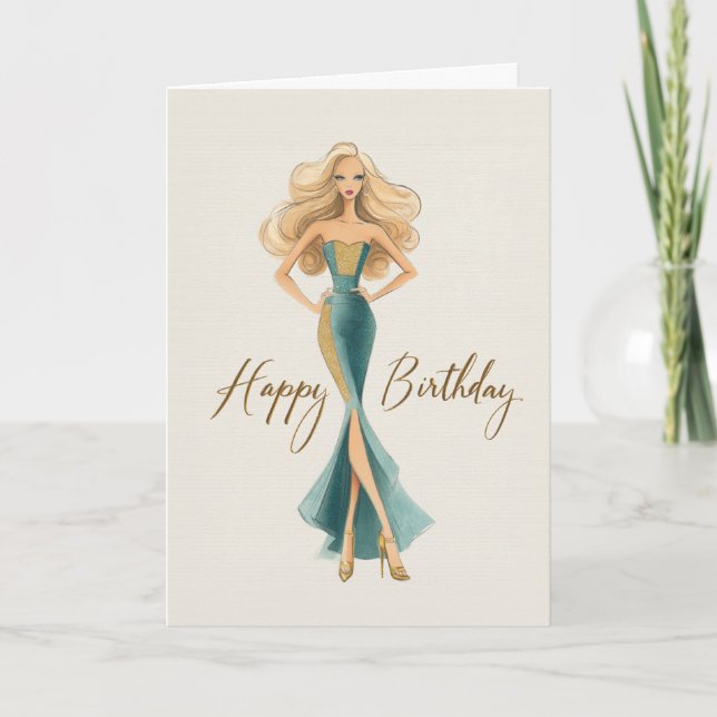 Chic Teal Gold Elegant Fashionista Birthday Card (Front)