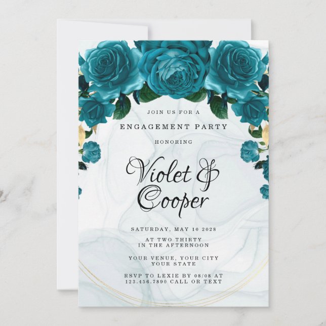 Chic Teal Gold Geometric Ethereal Engagement Party Invitation (Front)