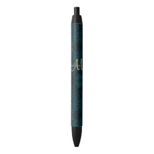 Chic Teal Gold Glitter Agate Custom Monogram Black Ink Pen