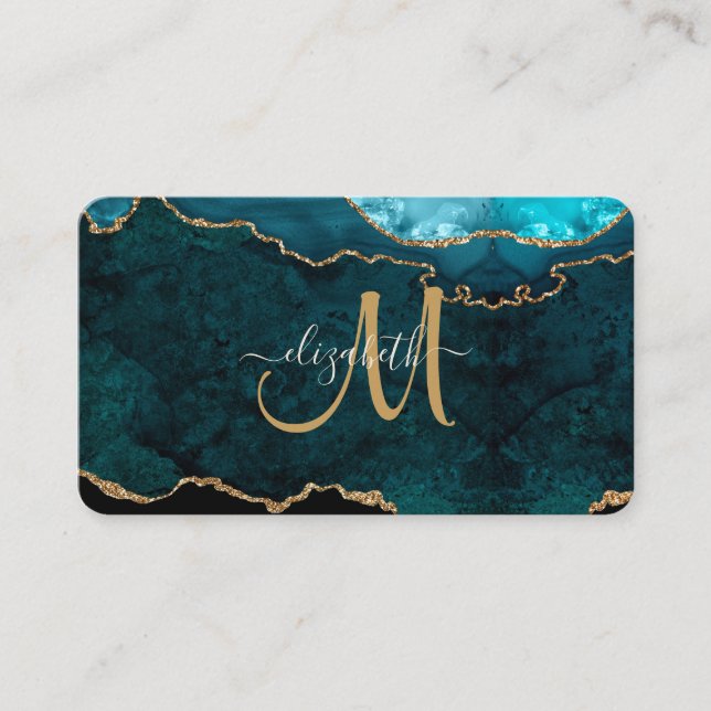 Chic Teal Gold Glitter Agate Custom Monogram Business Card (Front)