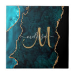 Chic Teal Gold Glitter Agate Custom Monogram Ceramic Tile<br><div class="desc">This elegant personalised decorative tile features chic teal agate accented with faux gold glitter. Personalise your monogram initial in hand lettered script with your name above. A unique girly gift for birthday,  holidays and any special occasion. Designed just for you by Extreme Tees!</div>