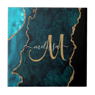 Chic Teal Gold Glitter Agate Custom Monogram Ceramic Tile
