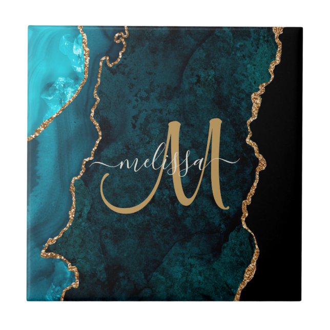 Chic Teal Gold Glitter Agate Custom Monogram Ceramic Tile (Front)