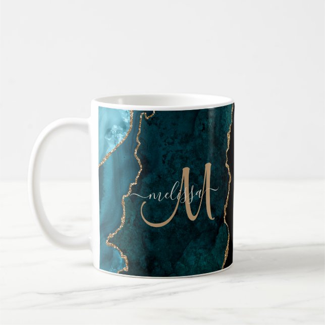 Chic Teal Gold Glitter Agate Custom Monogram Coffee Mug (Left)