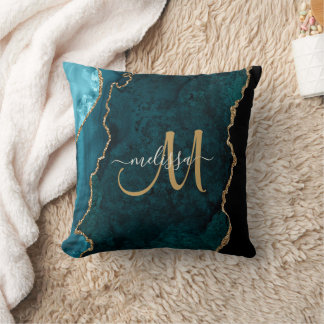 Chic Teal Gold Glitter Agate Custom Monogram Cushion