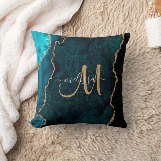 Chic Teal Gold Glitter Agate Custom Monogram Cushion (Blanket)