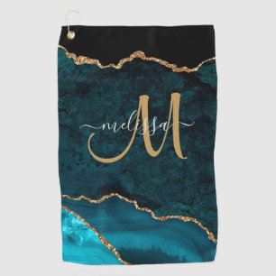 Chic Teal Gold Glitter Agate Custom Monogram Golf Towel