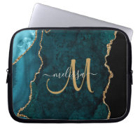 Chic Teal Gold Glitter Agate Custom Monogram