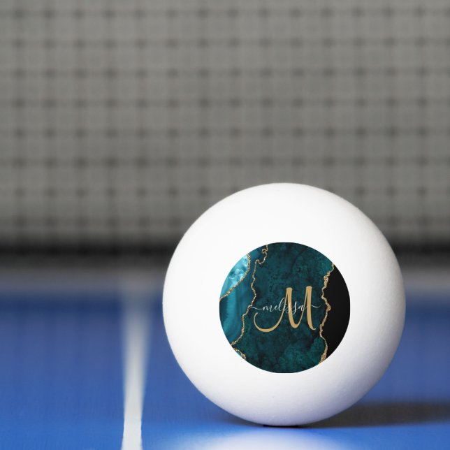 Chic Teal Gold Glitter Agate Custom Monogram Ping Pong Ball (Net)