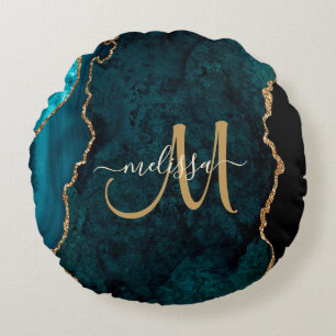 Chic Teal Gold Glitter Agate Custom Monogram Round Cushion
