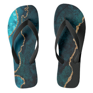 Chic Teal Gold Glitter Agate Custom Monogram Thongs