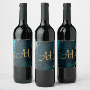 Chic Teal Gold Glitter Agate Custom Monogram Wine Label