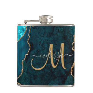 Chic Teal Gold Glitter Agate Monogram Name Hip Flask