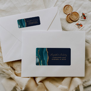 Chic Teal Gold Navy Blue Wedding Return Address Return Address Label