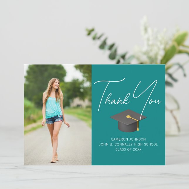 Chic Teal Graduate Photo Personalised Graduation Thank You Card (Standing Front)