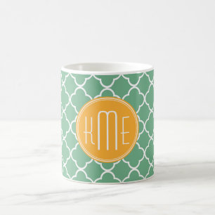Chic Teal Green Quatrefoil with Yellow Monogram Coffee Mug