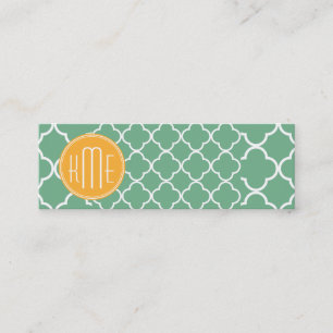 Chic Teal Green Quatrefoil with Yellow Monogram Mini Business Card