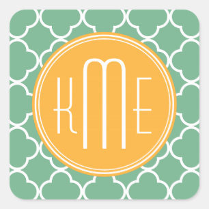 Chic Teal Green Quatrefoil with Yellow Monogram Square Sticker