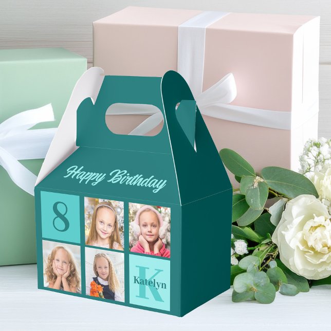Chic Teal Photo Collage Custom Birthday Party Favour Box (Creator Uploaded)