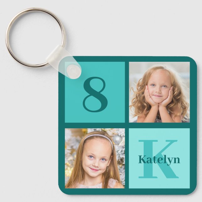 Chic Teal Photo Collage Personalized Key Ring (Front)